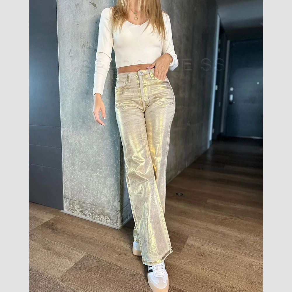 Metallic Y2K Advanced Sense Coating Casual Wide-leg Jeans Female Straight Jeans Loose Hip-hop Streetwear Oversize Denim Trousers 3