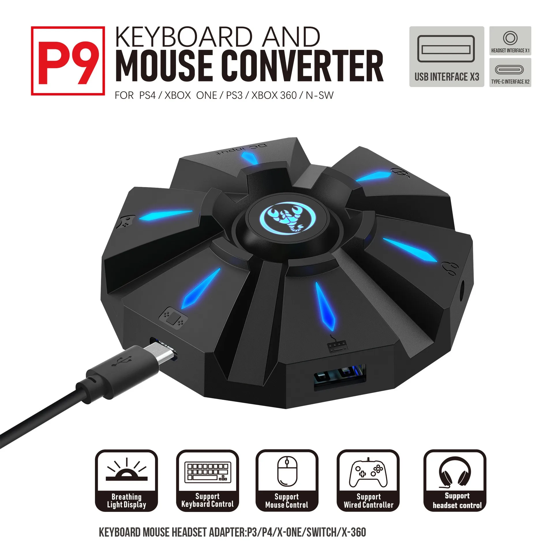 한 손으로 사용하는 RGB 게이밍 키보드와 마우스 6400 DPI USB 유선 35키 콤보 컨버터 Xbox One PS4 Switch PS3 PC용