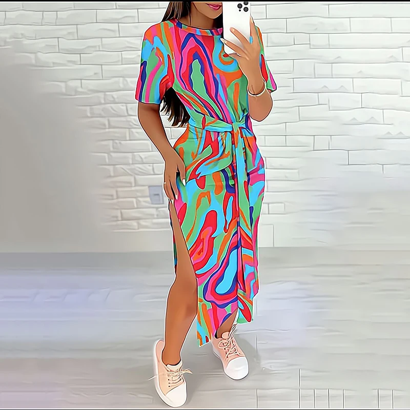 

Dress For Women Fashion Printed O-Neck Short Sleeve Higt Waist Tie Up Bodycon Slim Split Dress Temperament Elegant Party Dress