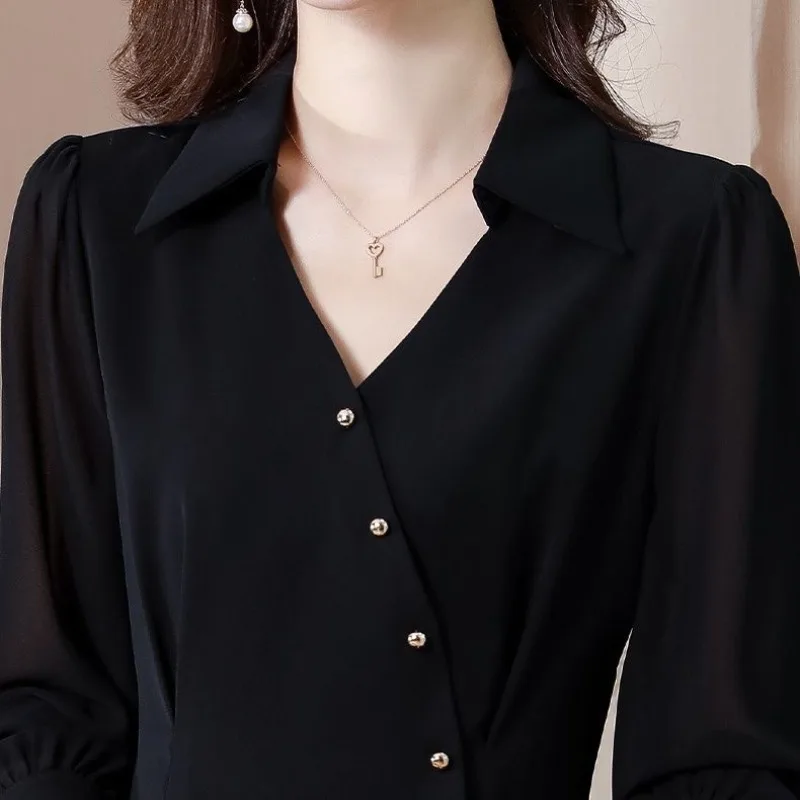 여성 용수철 폴로 칼라 풀오버, 단추 캐주얼, 다용도 긴팔, 슬림핏 셔츠 상의, 우아한 단색, 가을 패션