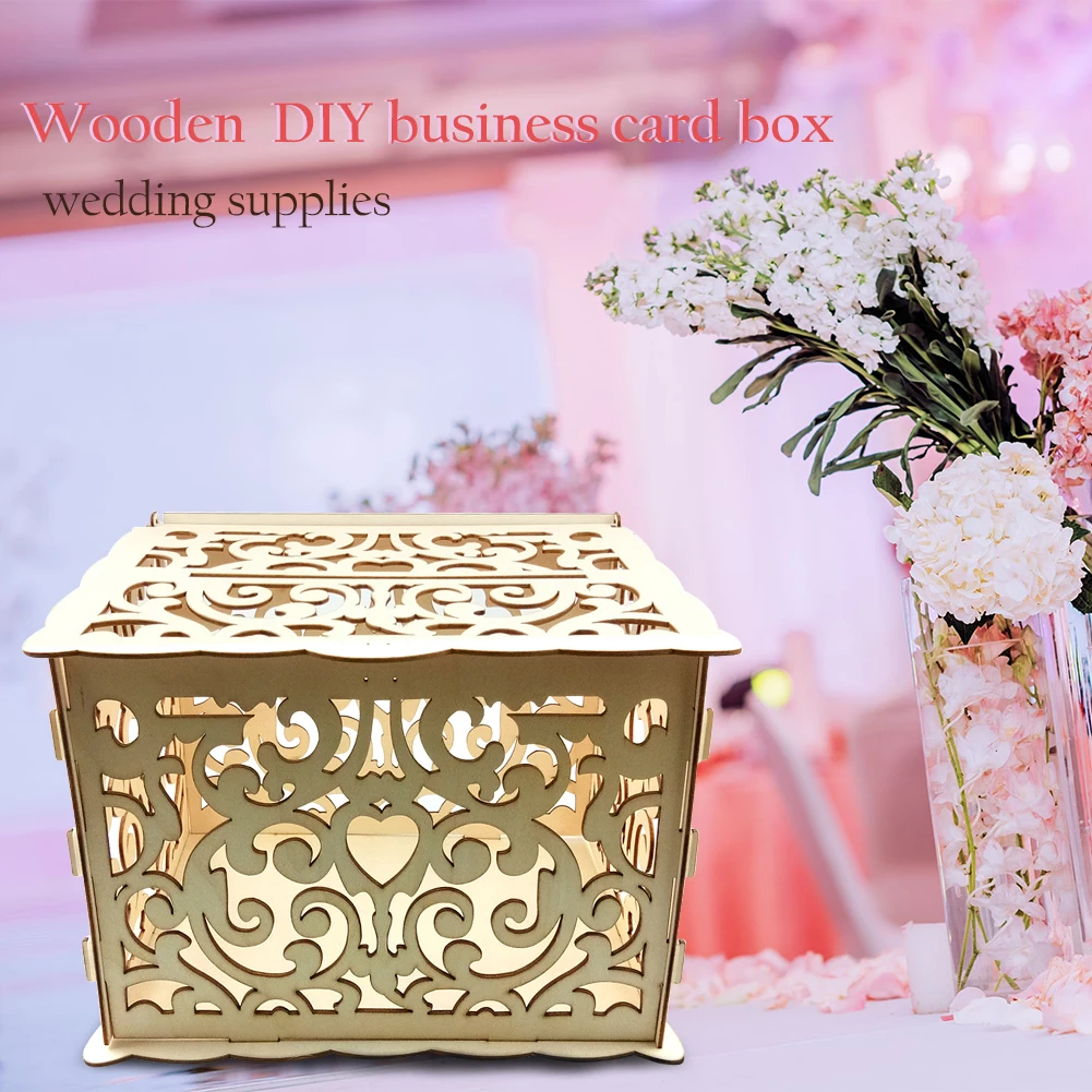 Wooden Wedding Card Box With Lock - Hollow Flower Pattern