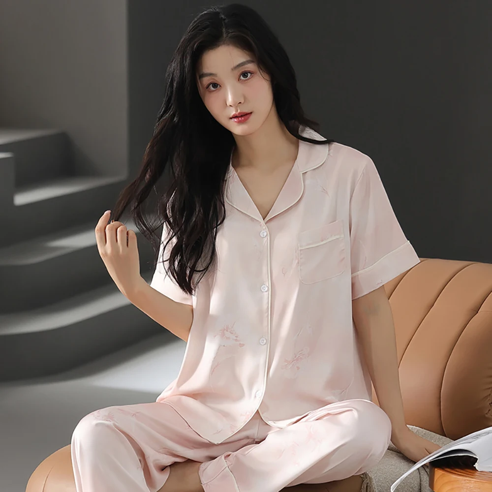Summer Ice Silk Satin Thin Pijama Sleepwear High Quality Luxury Women's Pajamas Set Breathable Loose Women 2 Piece Pijama Mujer