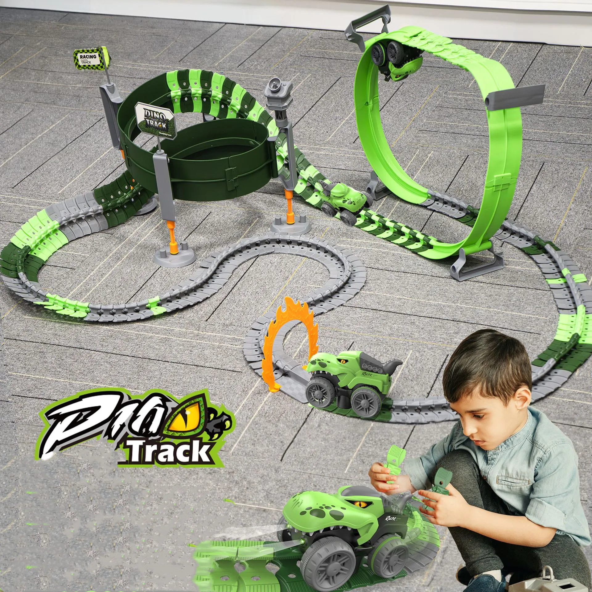 

Dinosaur Toys Race Track,Flexible Train Tracks Electric Race Cars Vehicle Playset Dinosaur Road Race for Toddlers Kids Boys Girl