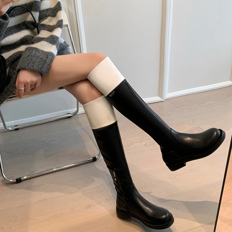 

Retro Color Matching Leather Custom Boots Round Head Square Heel Zipper Knight Boots Large Size Thin Sexy Women's Boots
