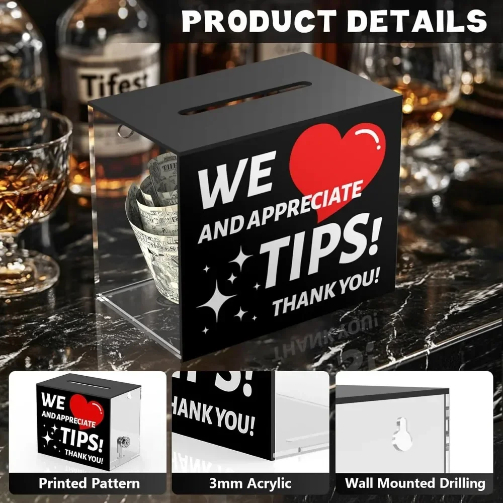 Bartender Tip box Tip jar Suggestion box slot and lock Money jar Donation box Lock 6 X 4 X 5 inch raffle box Bar Restaurant 3