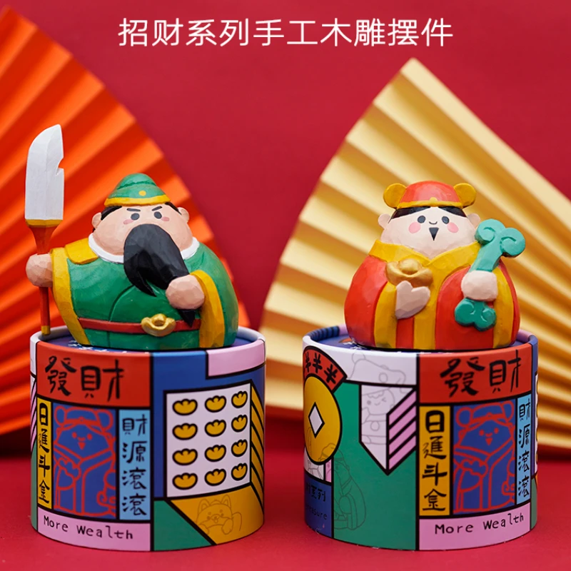 

Small wood carving creative decoration desktop office car Bufu Wen God of wealth Guan Gong lovely birthday gift home decor