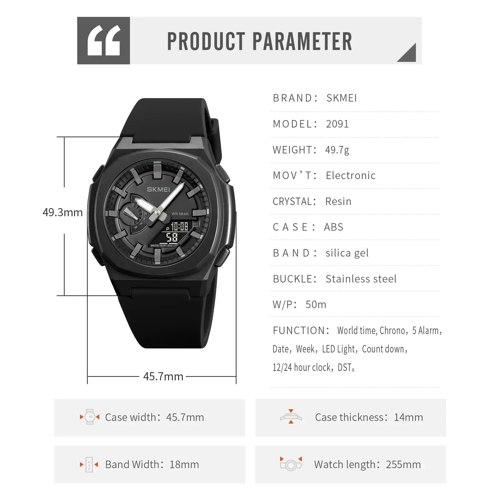 SKMEI 2091 5 Alarms Date Clock reloj hombre with Japan Digital Movement Sport Watches Waterproof Men Countdown Chrono Wriswatch 6
