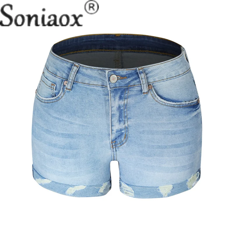 Summer Stretch Mid-waist Broken Holes Denim Shorts Ladies Fashion Streetwear Women's Button Splicing Pocket Three Quarter Pants