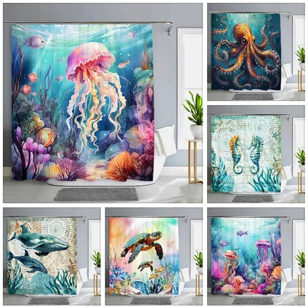 

Ocean Animals Bathroom Curtains Watercolour Octopus Jellyfish Turtle Polyester Fabric Washable Shower Curtains Bathroom Decor