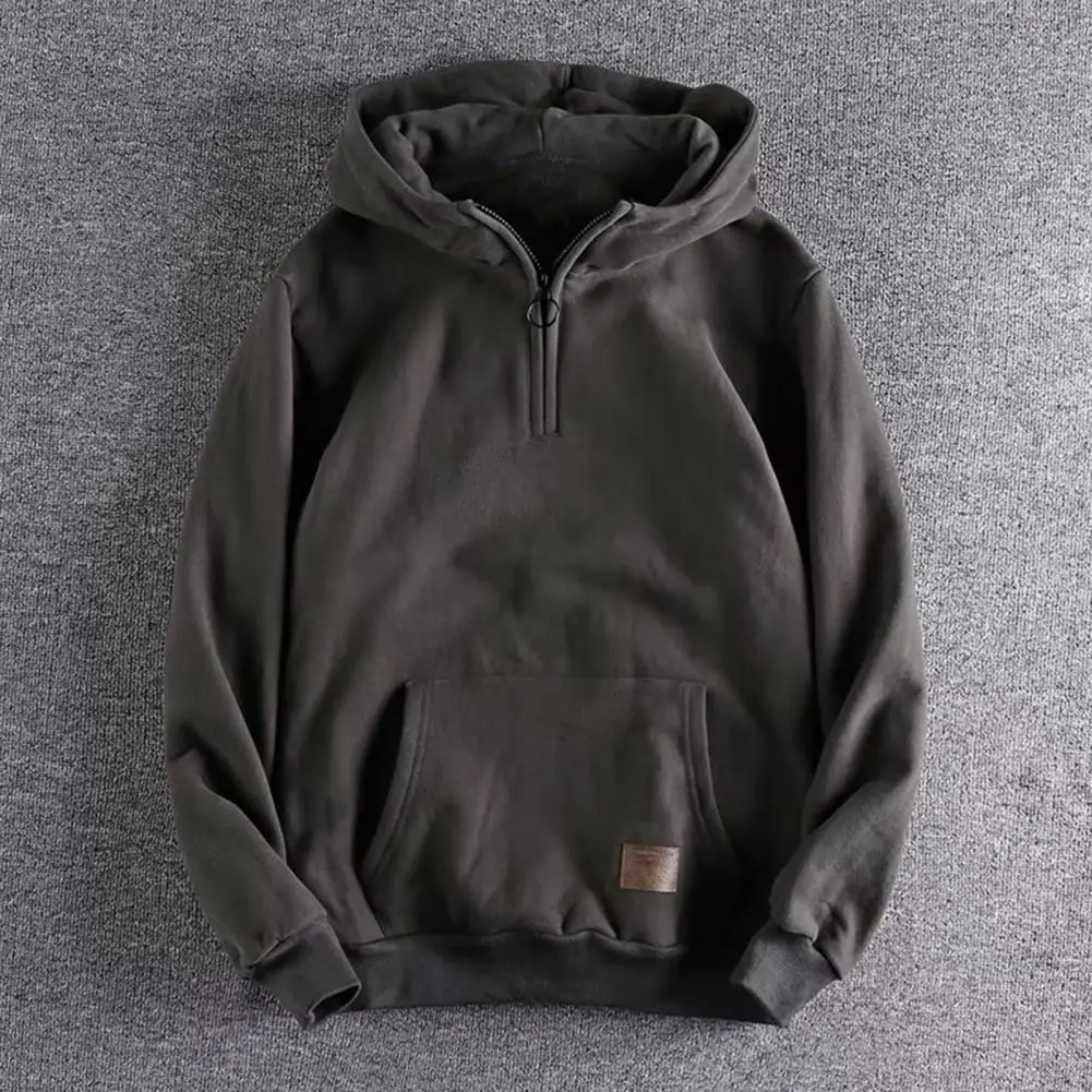

Elastic Cuff Hoodie Thickened Hooded Men's Winter Hoodie with Zipper Decor Elastic Cuff Big Pocket Warm Stylish Streetwear Men