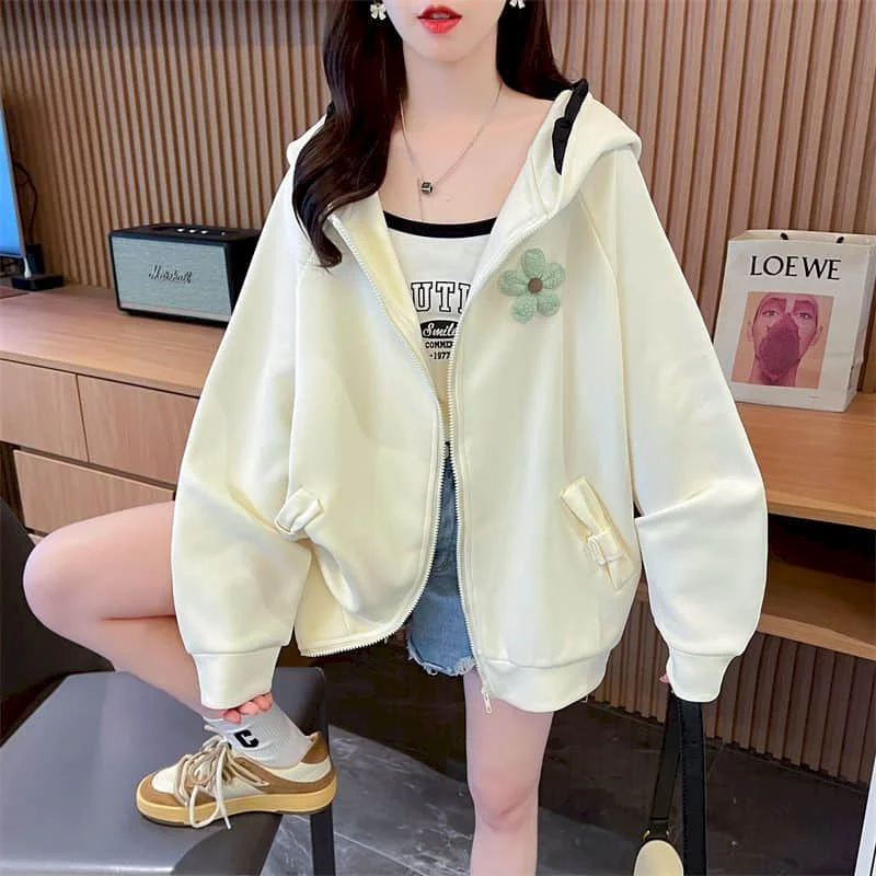 Chaquetas sólidas para mujer, moda coreana, cárdigans holgados de manga larga con capucha, abrigos de gran tamaño con cremallera y estampado floral, ropa informal para mujer