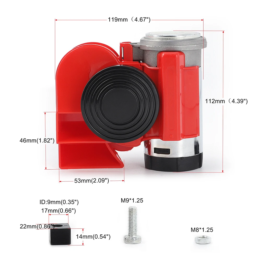 Caracol vermelho Compact Dual Tone Car Air Horn, bomba elétrica sirene alta, som do veículo, barco, motocicleta, caminhão, bicicleta, 12V, 115dB