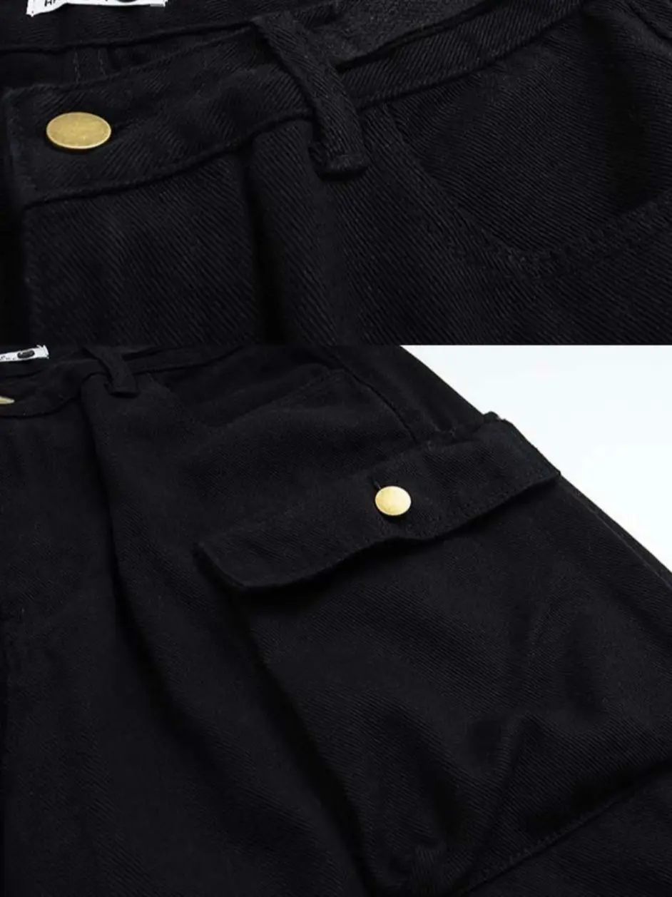 Multi Pocket Jeans Men's Metal Button Cargo Pants Loose Splice Zipper Slim European And American Fashion Versatile Cotton Solid