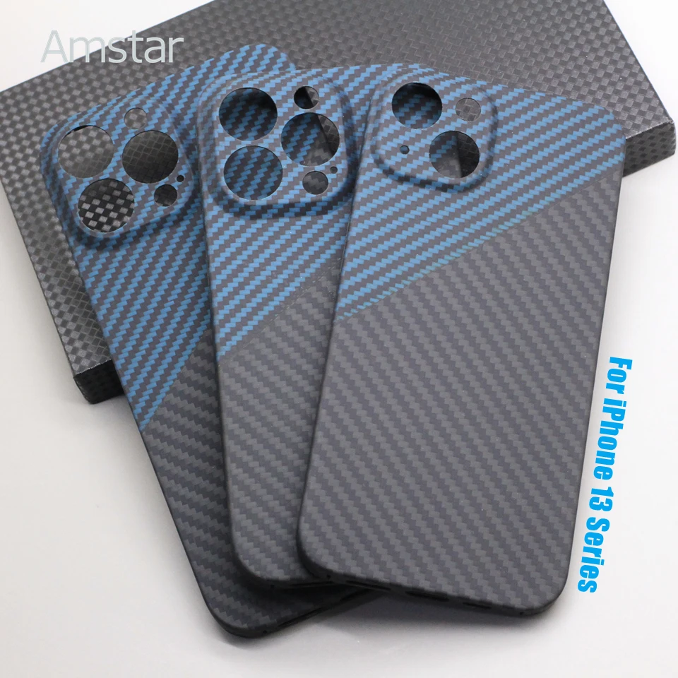 Amstar Blue-black Carbon Fiber Lens Wrap Phone Case for iPhone 13 Pro Max 13 Pro High Quality Ultra-thin Aramid Fiber Hard Cover 