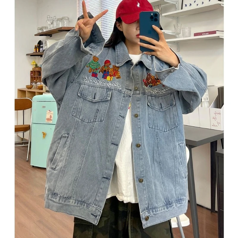 

Женская джинсовая куртка с вышивкой медведя, винтажная свободная однобортная куртка с длинным рукавом в стиле Харадзюку, Y2k