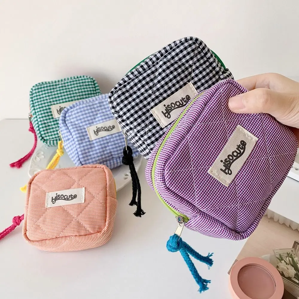 Cotton Plaid Coin Purse Cosmetic Bag Organizer