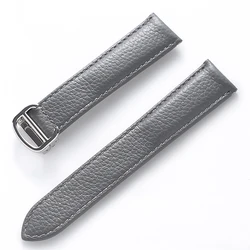 Litchi Soft Leather Watch Strap - Luxury Belt for Men & Women, Replacement Watch Accessory (Grey silver buckle)