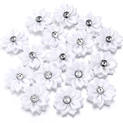 Elegant Handmade Satin Ribbon Flowers with Rhinestone Accents - Set of 20 Decorative Pieces for Clothing and Crafting (White)