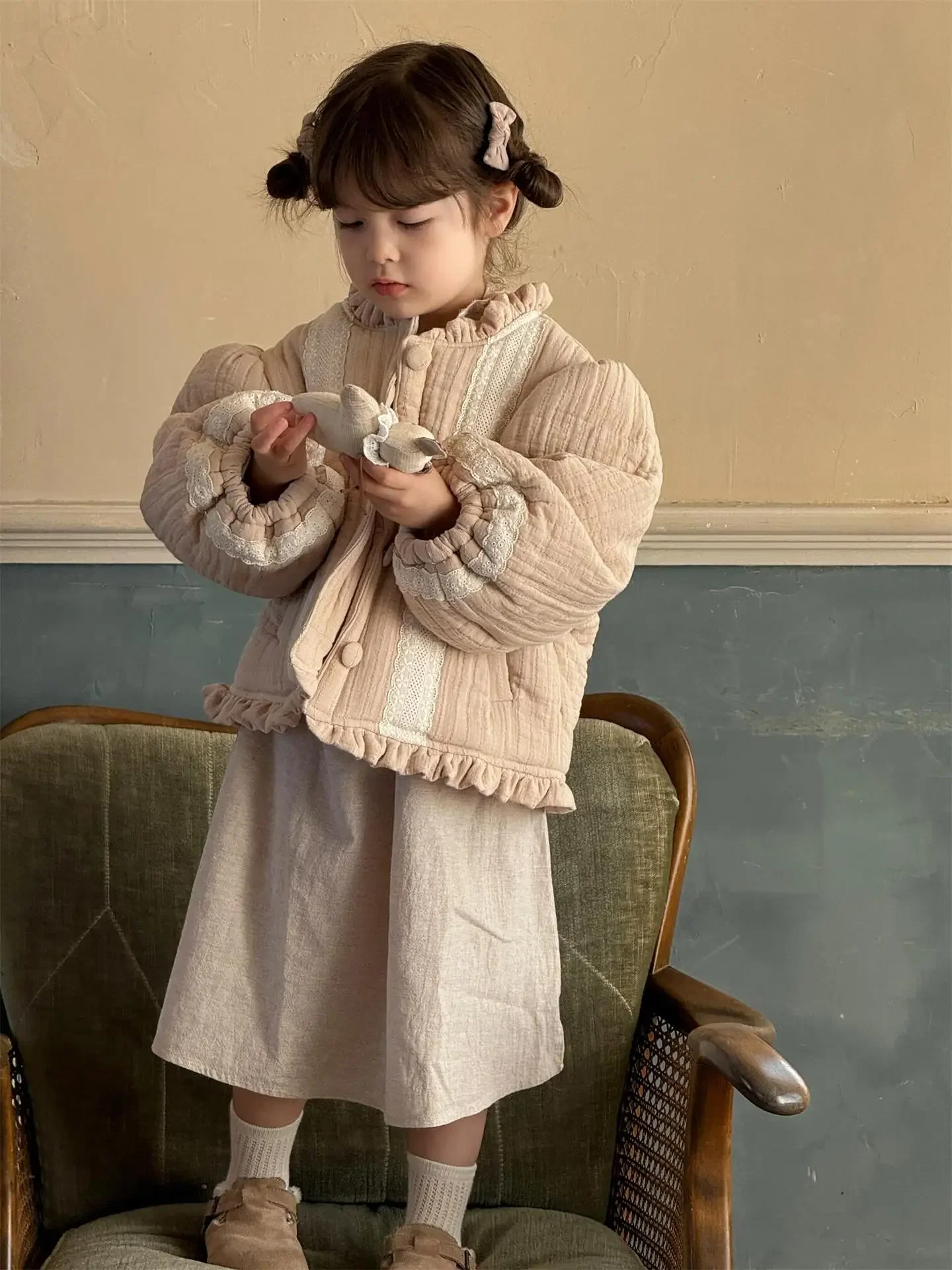 Children Clothes Korean Style Girls Coat Winter New Solid Color Lace Cute Cotton-padded Jacket Fashionable Warm Kids Jacket