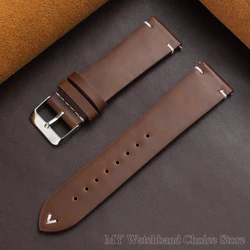 Vintage Cowhide Leather Watch Band - Handmade Stitching, Soft Sport Bracelet with Quick Release - 22mm (Dark brown)