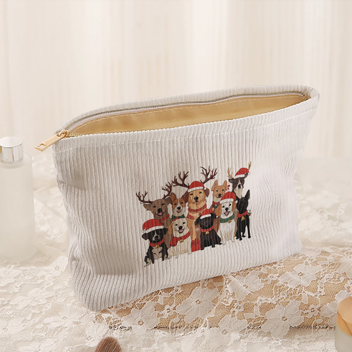 1 Christmas themed corduroy makeup bag, lightweight zipper makeup storage box, multifunctional bag with lining
