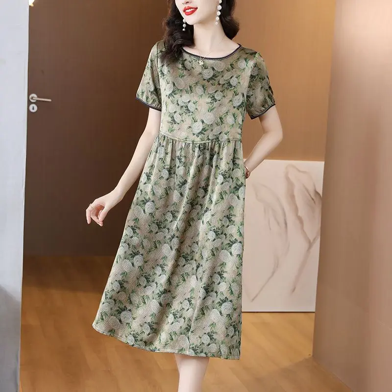 

2024 Summer New Women's Silk Dress Loose Commuter Leisure Print Round Neck A-line Skirt