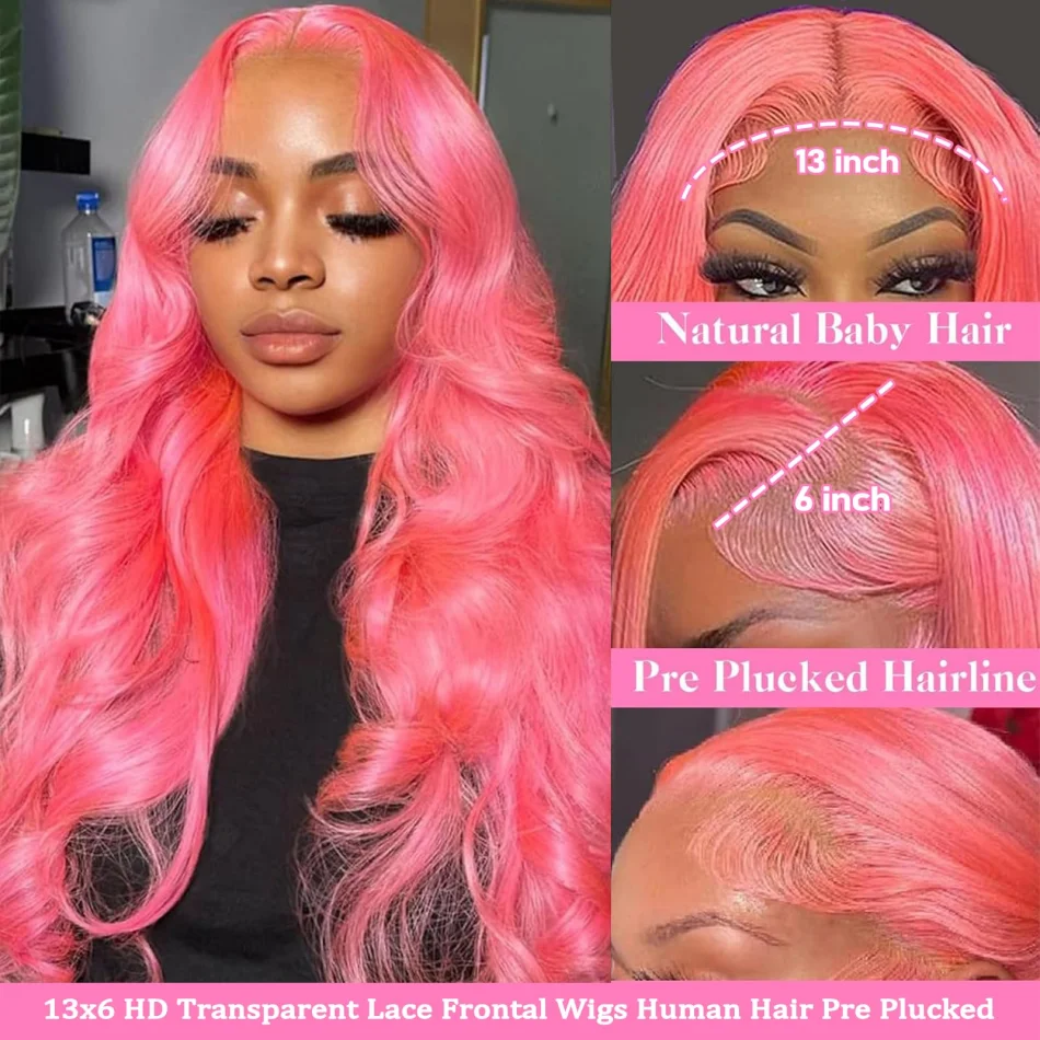 Pink Human Hair Wig Body Wave Lace Front Wig 13X6 Hd Lace Frontal Wig 250 Density Brazilian Hair 38 Inch Colored For Black Women