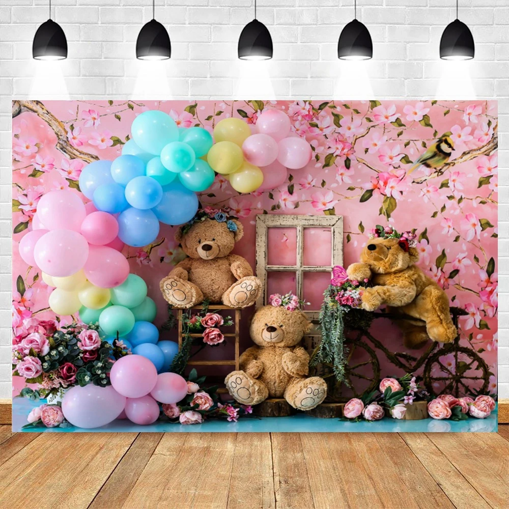 

Baby Girls First Birthday Party Background for Photography Colorful Balloon Pink Flowers Backdrop Kids Portrait Photo Studio