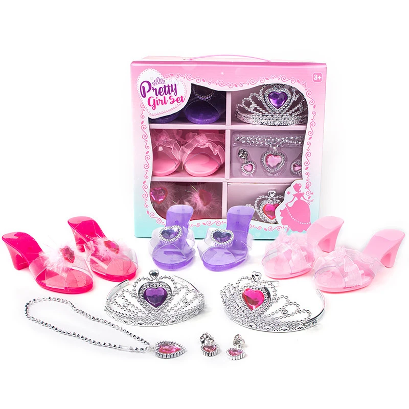 Girls Princess Dress Up Pretend play Jewelry Toys Set Of Princess Crystal Shoes Crown Bracelet Necklaces Role Play for Kids