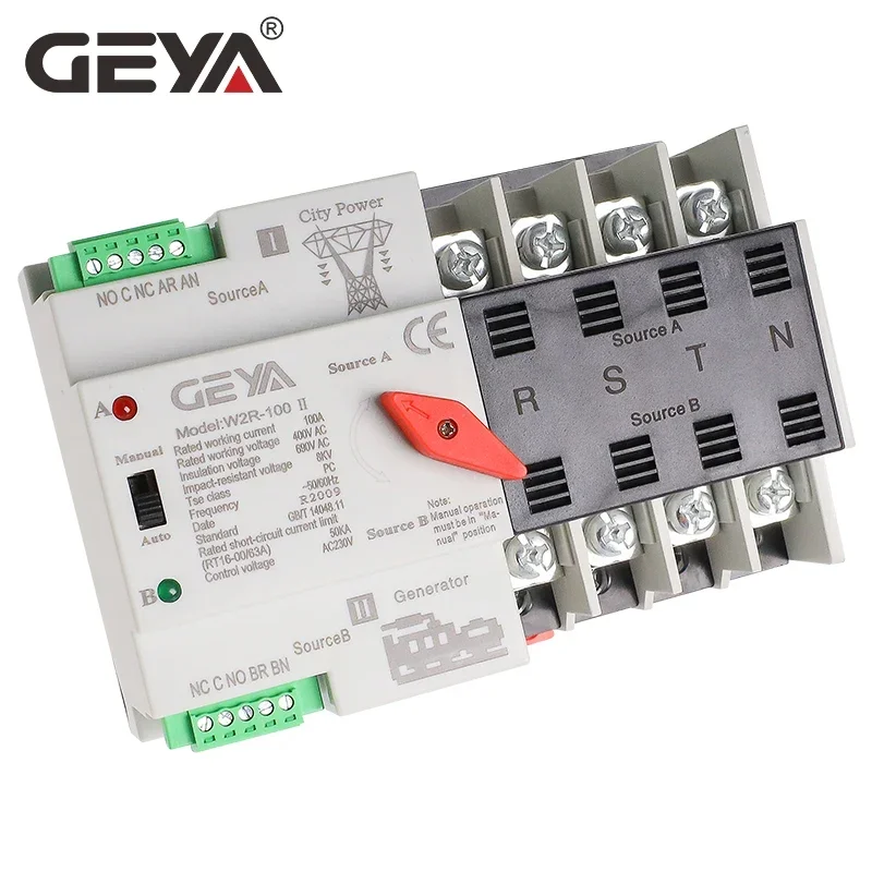 GEYA W2R ATS 110V 220V PC Dual Power Automatic Transfer Switch 63A 100A Household Power Transfer Switch 50/60Hz