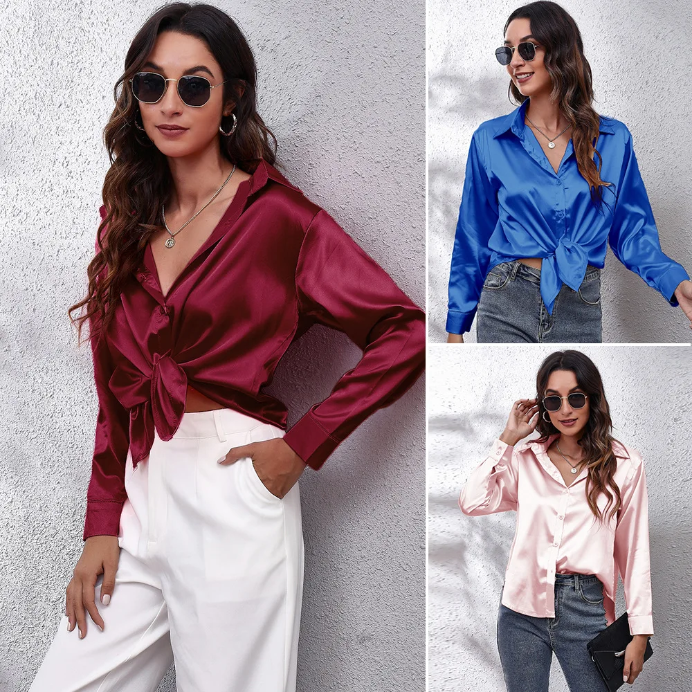 

Women's Satin Imitation Silk Long Sleeve Shirt 17colors