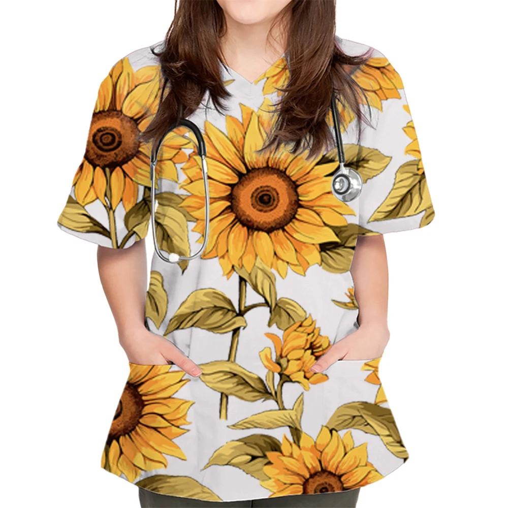 

Women's Sunflower Print T-shirts Nursing Uniform Stretch V-Neck Short Sleeve T-shirt Tops With Pocket Women's Clothes