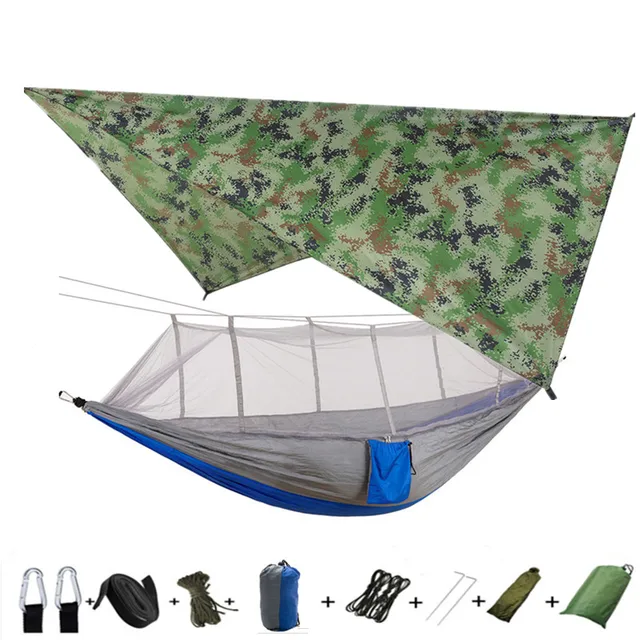 Lightweight Portable Camping Hammock and Tent Awning Rain Fly Tarp Waterproof Mosquito Net Hammock Canopy 210T Nylon Hammocks camouflage and gray