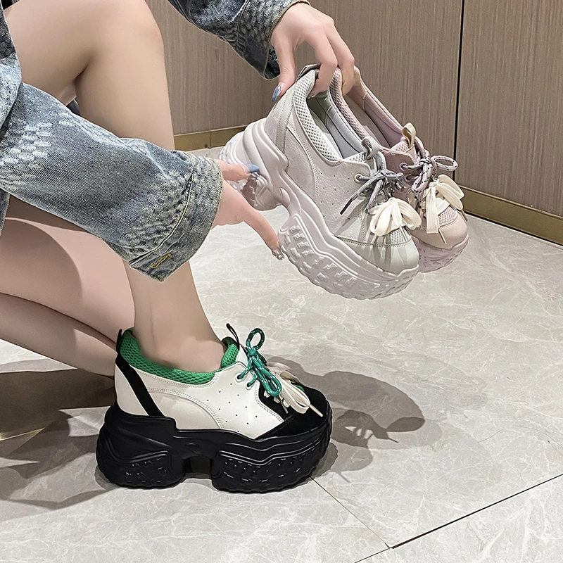 New Chunky Platform Sneakers Women Autumn Hidden Heels Breathable Leather Sports Shoes Woman Thick Bottom Vulcanize Shoes