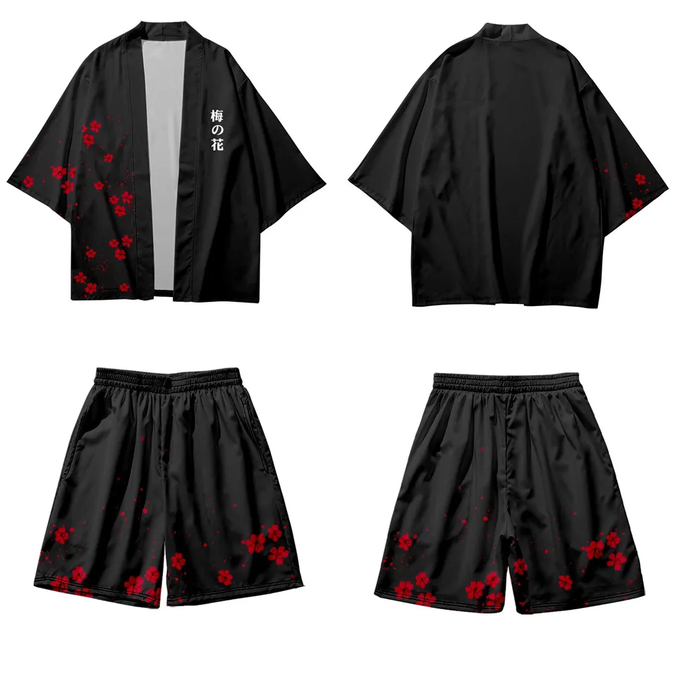 

Novelty Two-piece Suit Japanese Cardigan Men Cosplay Plum Bossom Print Yukata Red Kimono Shorts Sets Patchwork Asian Traditional