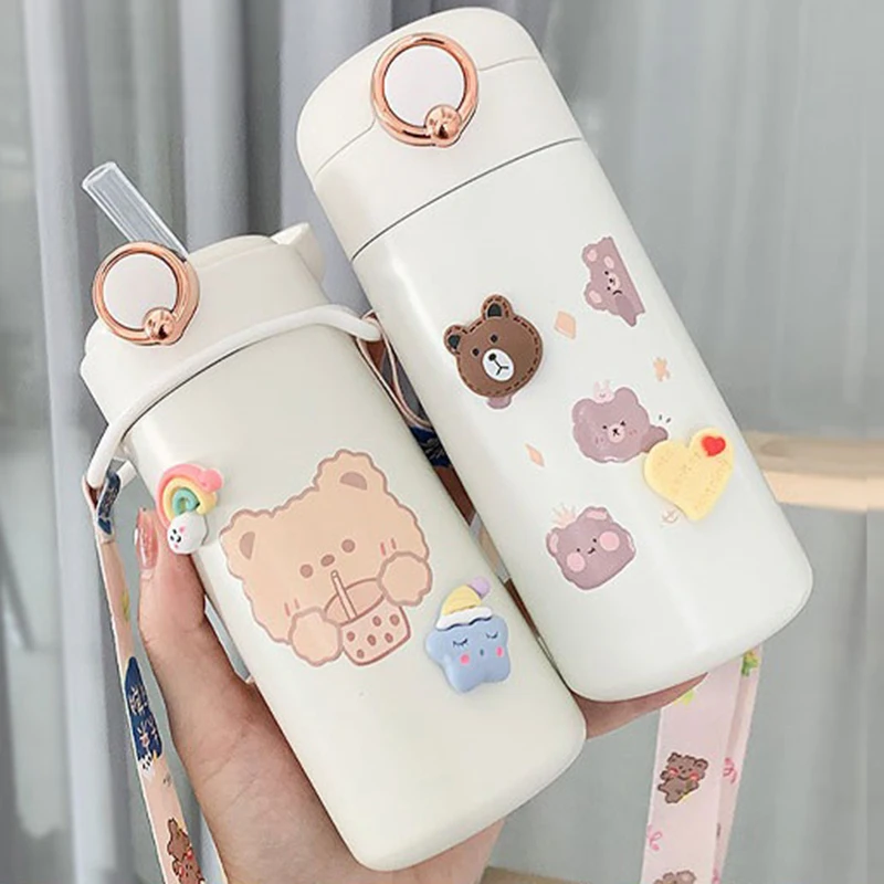 350/480ml Animals Straps Stainless Steel Vacuum Flask Coffee Tea Milk  Travel Straw Cup Cute Bear