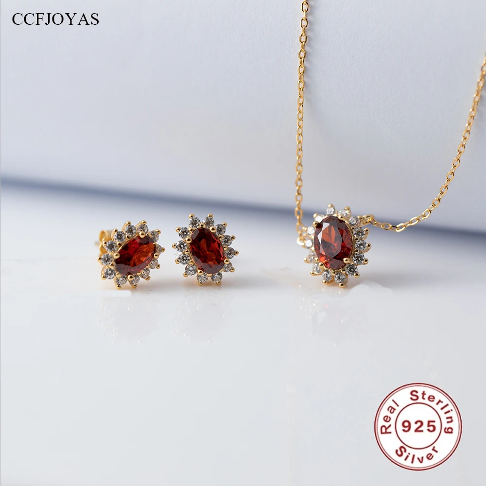 Ccfjoyas 925 Orecchini In Argento Sterling Placcato Oro 18 Carati Con Collana Di Rubini Set Squisito Set Di Gioielli Con Zirconi Rossi Di Melograno Re