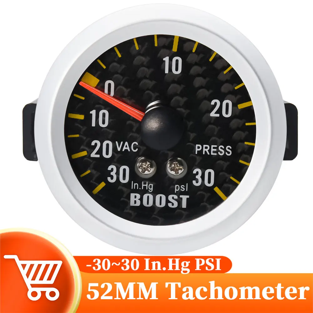 52Mm Auto Turbo Boost Misuratore Puntatore-30 ~ 30Psi Boost Meter Bianco Retroilluminazione Con Tubo In Pvc E T-Raccordo Supporto Tazza 12V Racing