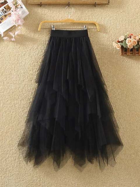 Femmes jupes en Tulle irrégulières mode élastique taille haute maille Tutu Jupe plissée jupes longues Jupe Midi Saias Faldas Jupe Femmle 1