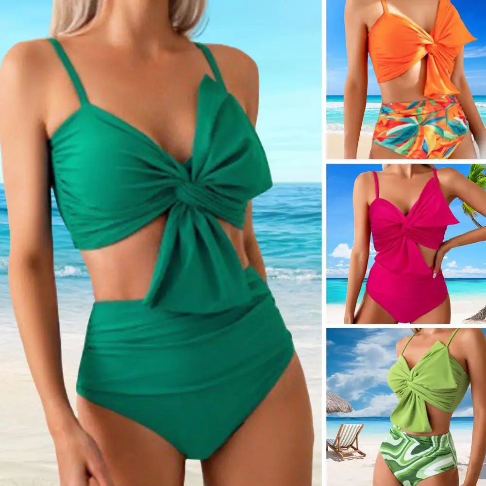 

Summer Swimwear Set Solid Color V-Neck Sling Knotted Design Bra Printing High Waist Briefs Set Quick Drying Swimwear Bikini