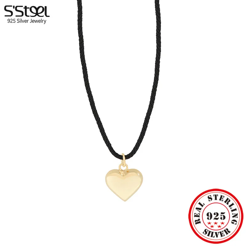 

S'STEEL 925 Sterling Silver Love Heart Black Rope Adjustable Pendant Necklaces For Girls Gold Chain Dainty Statement Jewlery