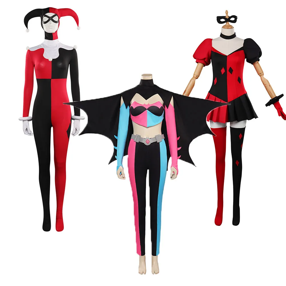 

Female Quinzel Cosplay Costume Jumpsuit Mask Disguise Fantasia RolePlay Outfits For Adult Women Girls Halloween Party Suit