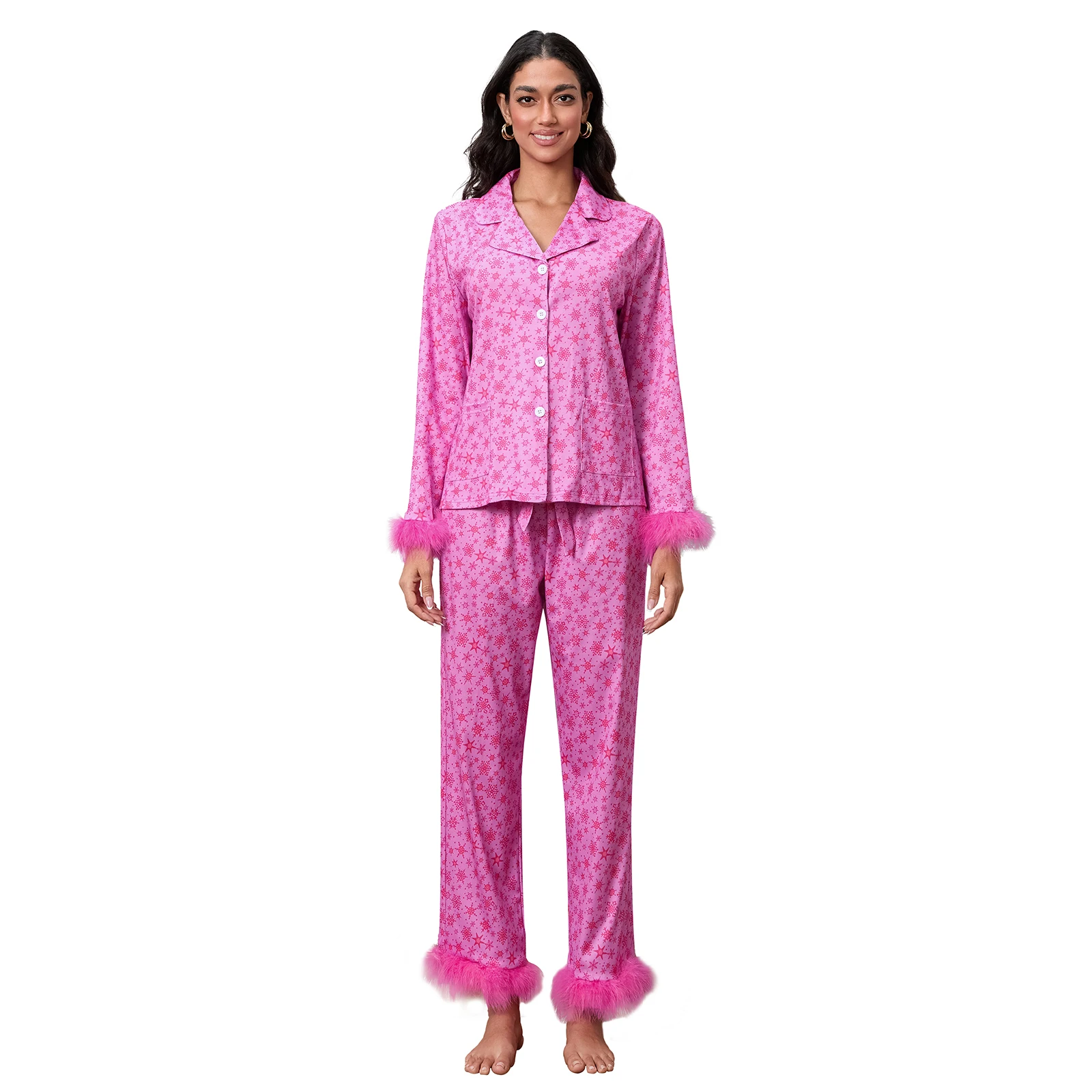 Conjuntos de pijamas familiares a juego para madre e hija, blusas con ribete de plumas de leopardo, cuadros y Papá Noel + pantalones con cintura elástica, conjuntos de ropa de dormir