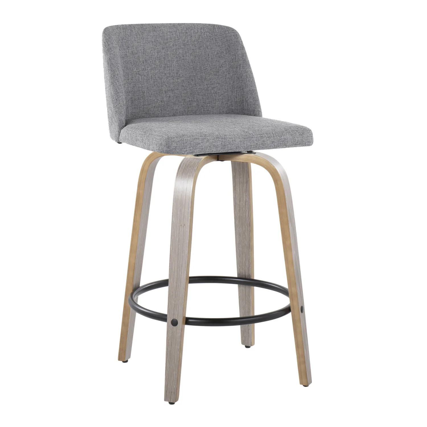 Toriano 26" Contemporary Fixed-Height Counter Stool with Swivel in Light Grey Wood and Grey Fabric with Round Black Metal Footre 2