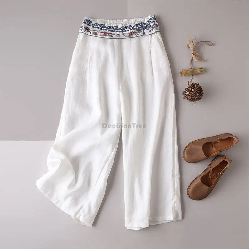 chinese style women pants embroidered zen tea dress casual trousers cotton linen high waist national style wide leg pants