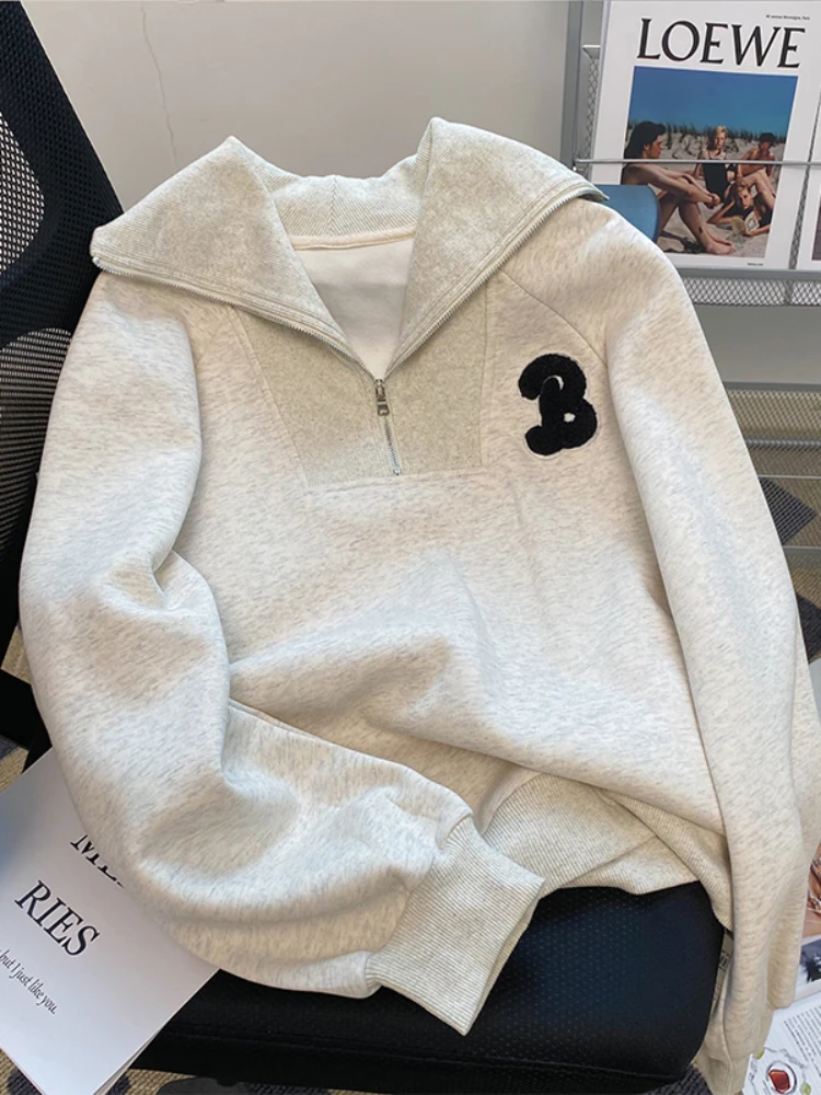 

Punk Style Lapel Collar Grey Sweatshirt Women Vintage Streetwear American Casual Pullover Hoodies 2023 Korean Fashion Clothes