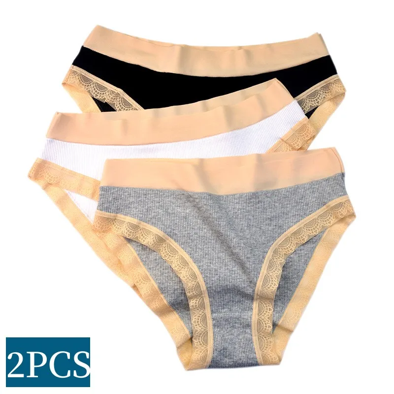 

2PCS/Set Women Cotton Panties High Leg Cut Briefs Female Underpants Sexy Panties Underwear Lace Trim Lingerie Solid Color Briefs