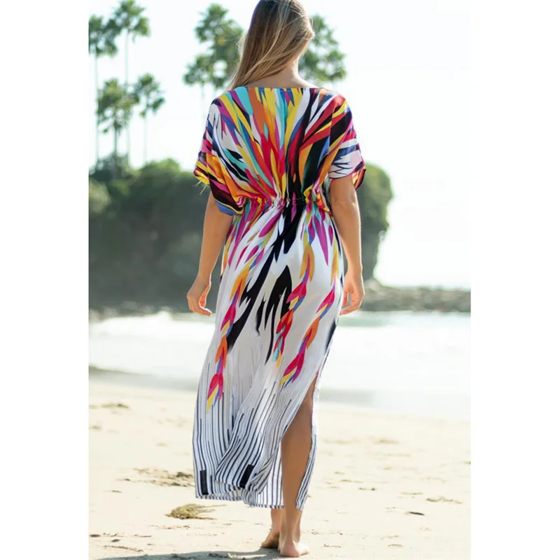Midriff Drawstring Lace-up Bikini Cover-up Women Sweet Style Rainbow Print Beach Cover Up Female Summer Sun Protection Coverall