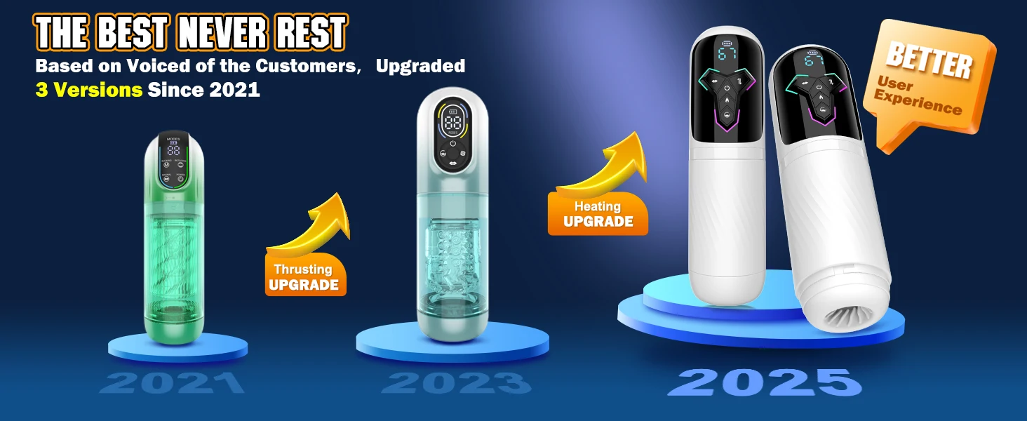 Male wellness product with app video interaction, LCD control screen, and battery-powered operation