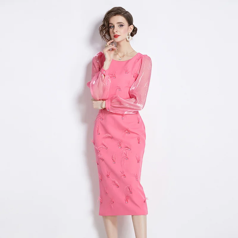 

S-3XL High Quality Spring Diamonds Feather Tassel Party Dress Fashion Women O Neck Organza Puff Sleeve Rose Red Bodycon Clothes